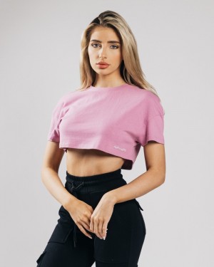 Camasa Dama Alphalete Heavy Bumbac Dropped Shoulder Crop Roz | 071953-SZR