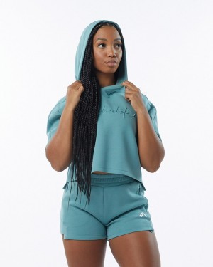 Hanorac Cu Gluga Dama Alphalete ELMTS Half Sleeve Turcoaz | 672984-UQE