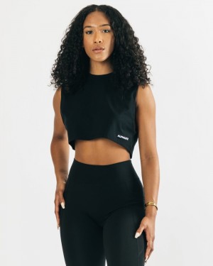 Maiouri Dama Alphalete Heavy Bumbac Cropped Cutoff Negrii | 023941-FXT