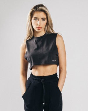 Maiouri Dama Alphalete Heavy Bumbac Cropped Cutoff Negrii | 490657-RLK