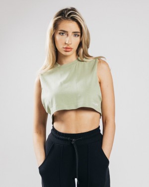 Maiouri Dama Alphalete Heavy Bumbac Cropped Cutoff Masline Verzi | 597368-LCT