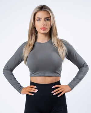 Tricouri Dama Alphalete Evo Long Sleeve Crop Gri | 251837-KTB