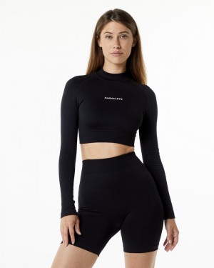 Tricouri Dama Alphalete Ozone High Neck LS Crop Negrii | 074395-NRD