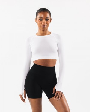 Tricouri Dama Alphalete Stratus LS Crop Albi | 216945-GVP