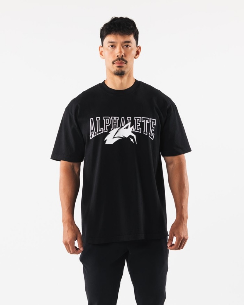Camasa Barbati Alphalete Wolf Head Negrii Albi | 537642-TIZ