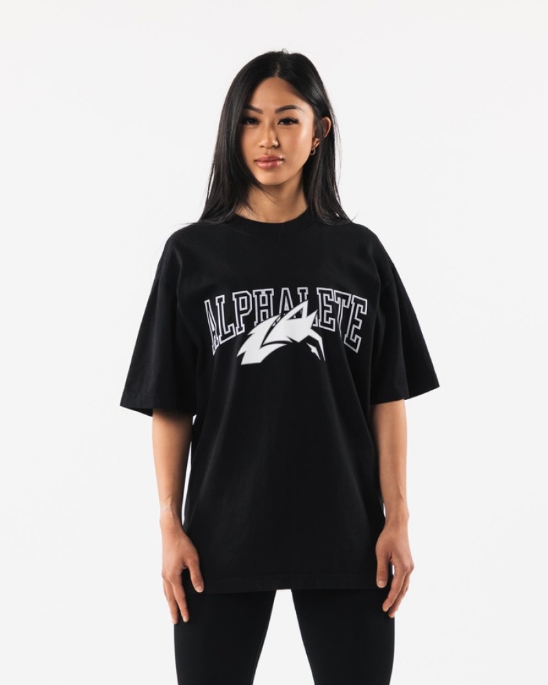 Camasa Barbati Alphalete Wolf Head Negrii Albi | 537642-TIZ