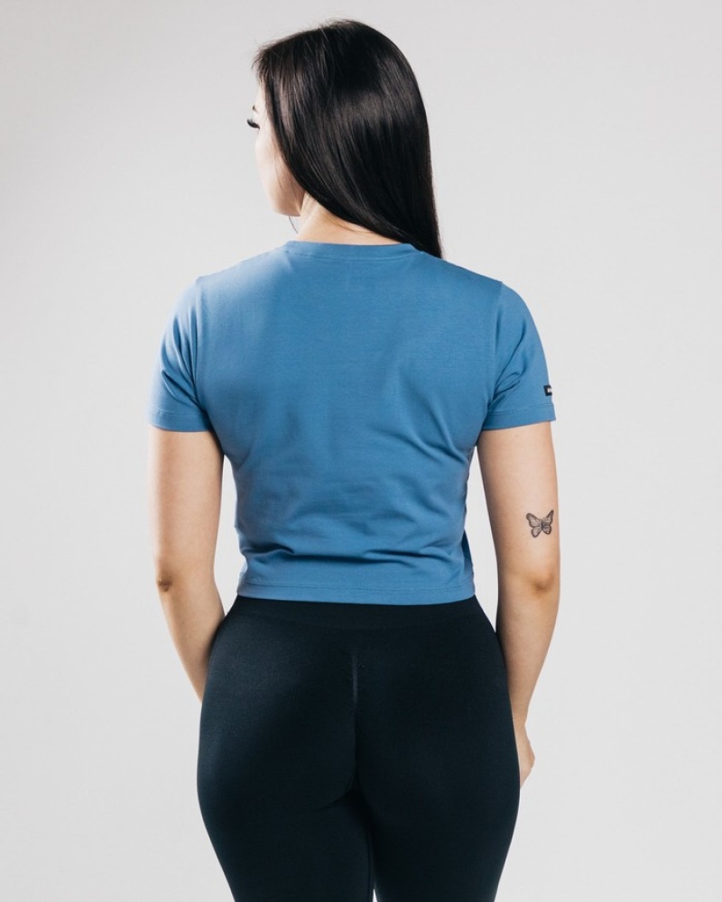 Camasa Dama Alphalete Essential Sleeve Crop Albastri | 314028-ZUG