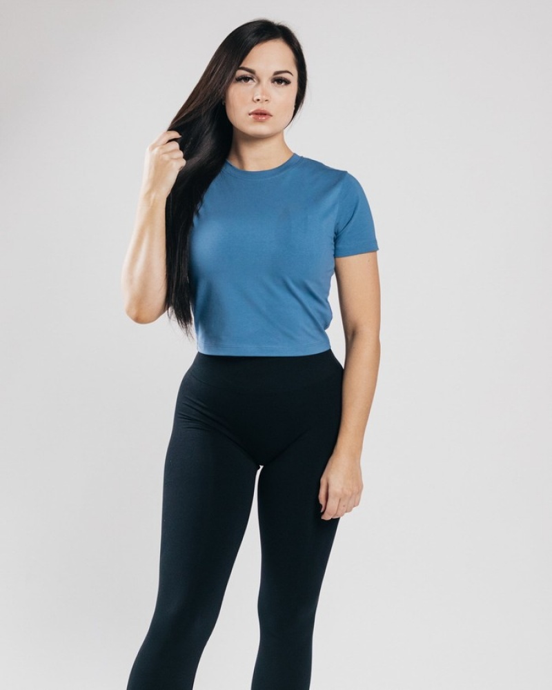 Camasa Dama Alphalete Essential Sleeve Crop Albastri | 314028-ZUG