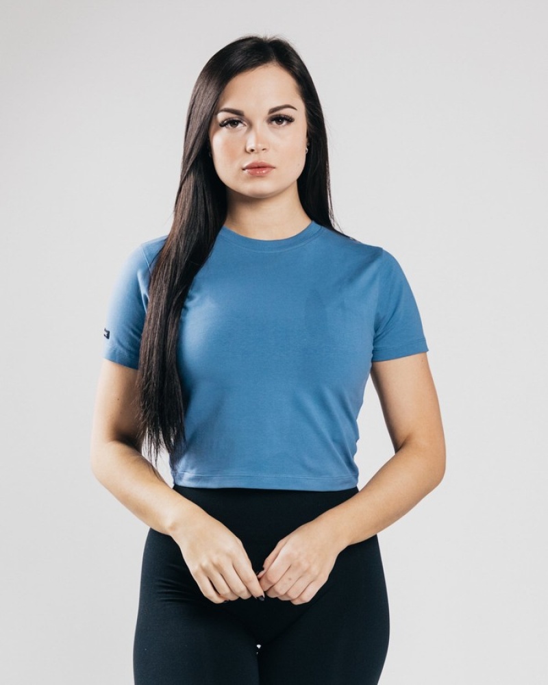 Camasa Dama Alphalete Essential Sleeve Crop Albastri | 314028-ZUG