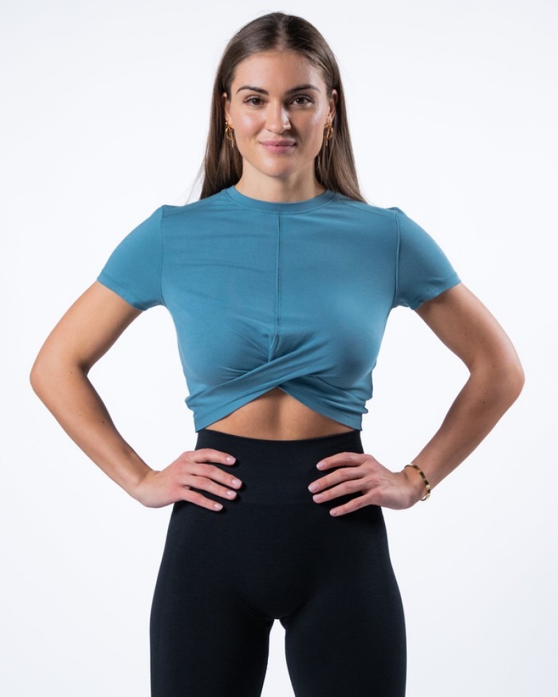 Camasa Dama Alphalete Evo Twist Crop Albastri | 418507-SPJ