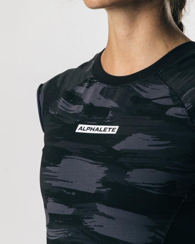 Camasa Dama Alphalete Velocity Crop Negrii Camuflaj | 283095-DSF