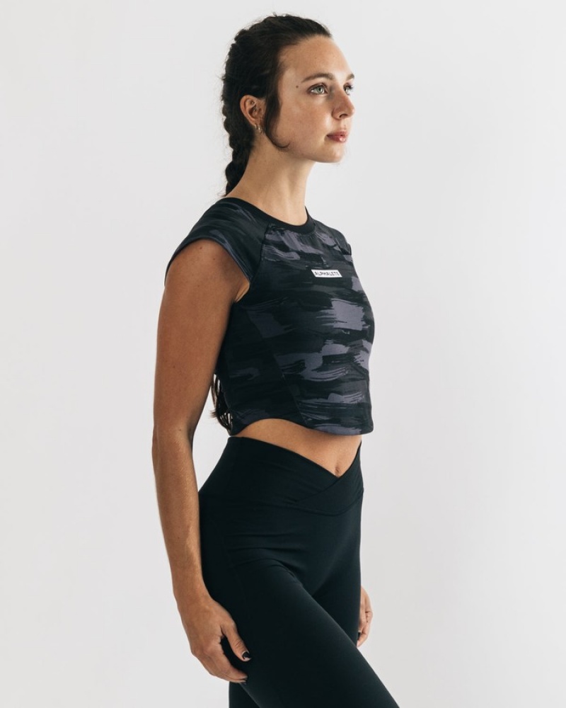 Camasa Dama Alphalete Velocity Crop Negrii Camuflaj | 283095-DSF