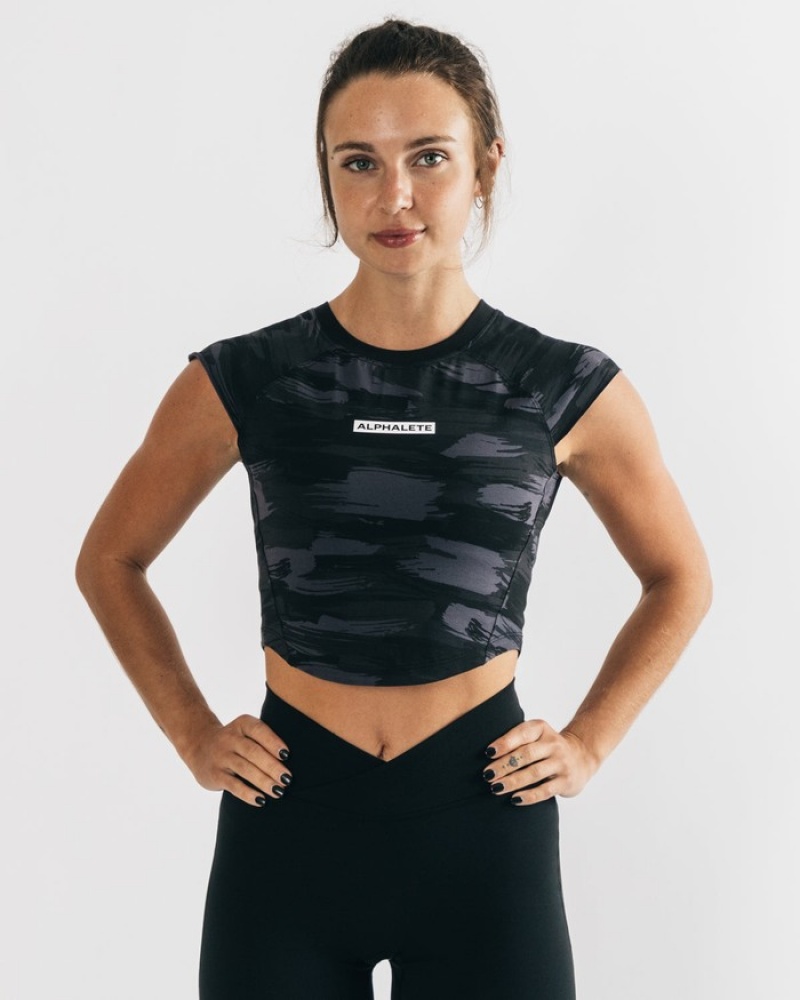 Camasa Dama Alphalete Velocity Crop Negrii Camuflaj | 283095-DSF