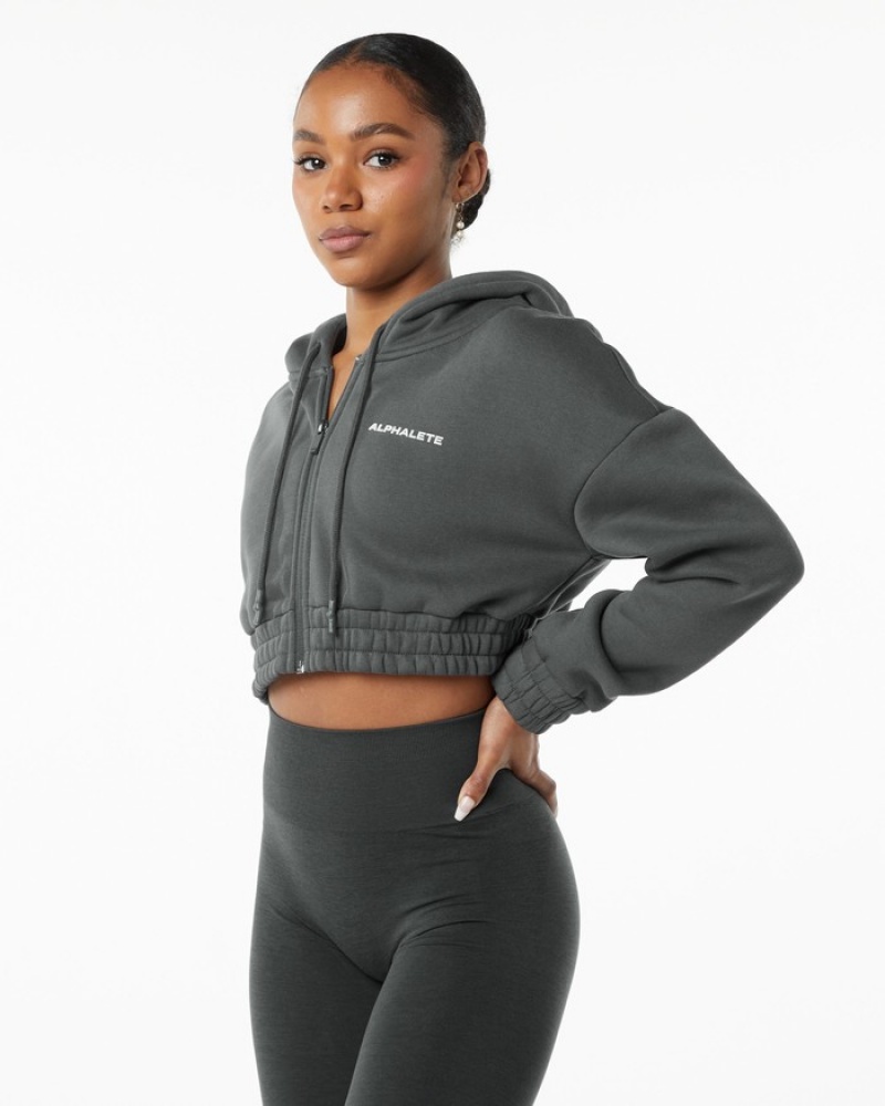 Geaca Dama Alphalete Classicital Full-Zip Crop Gri | 943018-ATS
