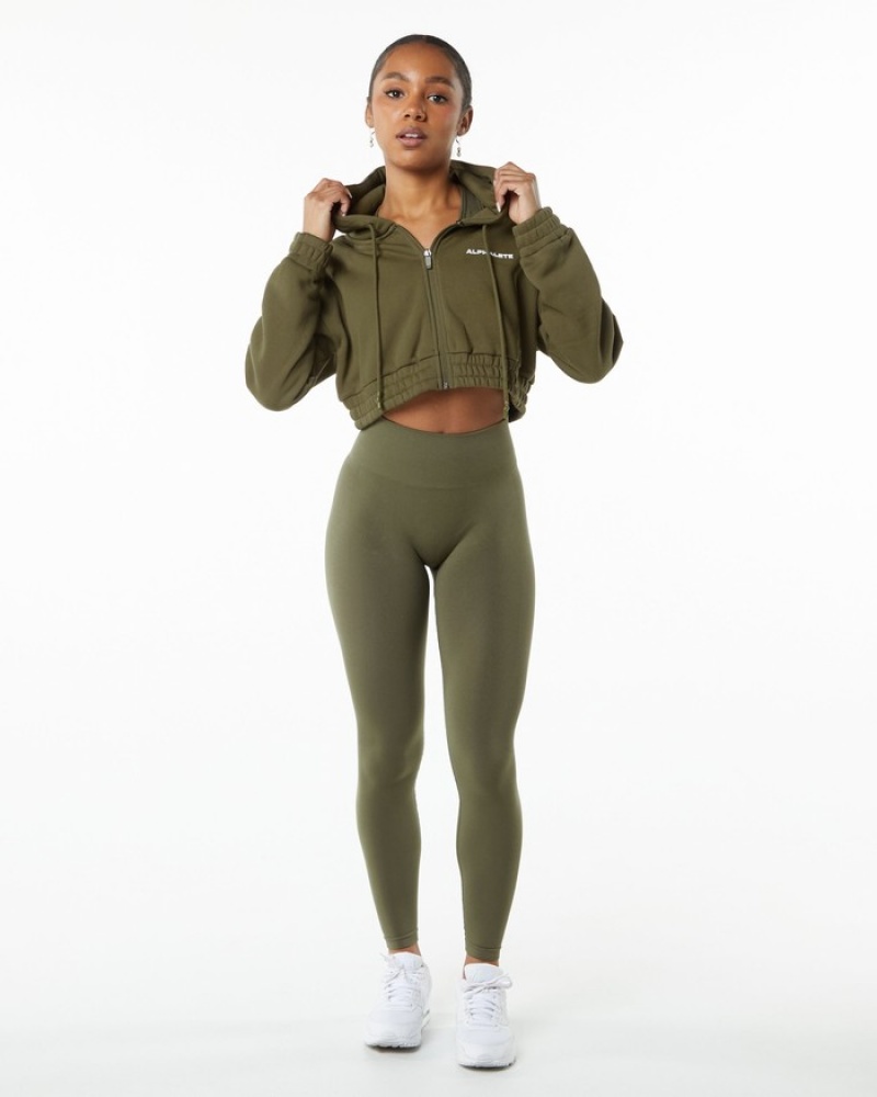 Geaca Dama Alphalete Classicital Full-Zip Crop Masline Verzi | 816520-LQA