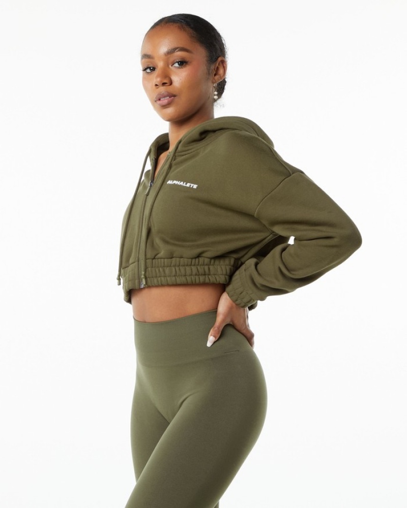 Geaca Dama Alphalete Classicital Full-Zip Crop Masline Verzi | 816520-LQA