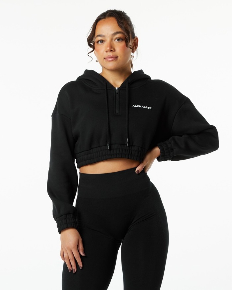 Hanorac Cu Gluga Dama Alphalete Classicital Crop Negrii | 874639-MOS
