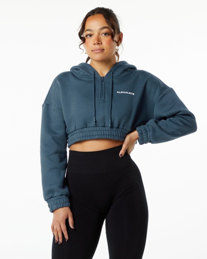 Hanorac Cu Gluga Dama Alphalete Classicital Crop Albastri | 410675-UDY