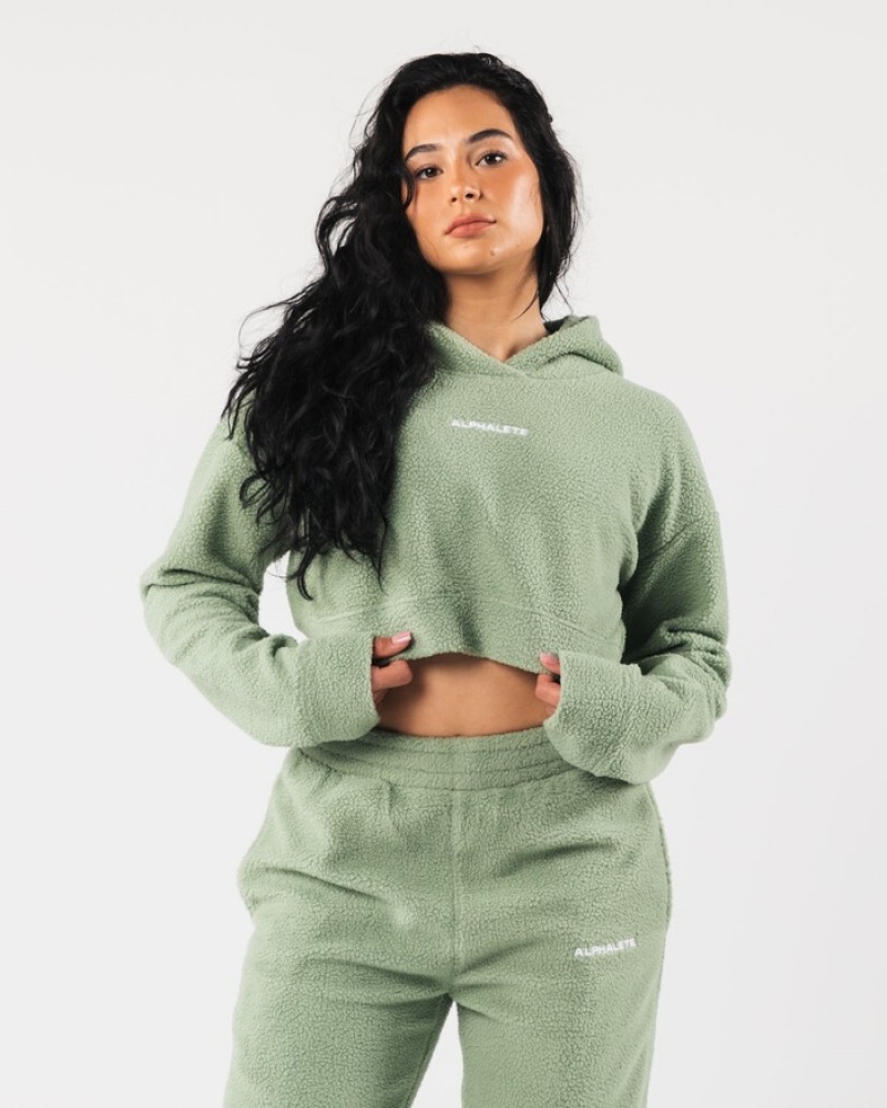 Hanorac Cu Gluga Dama Alphalete King Crop Masline Verzi | 470291-UOE