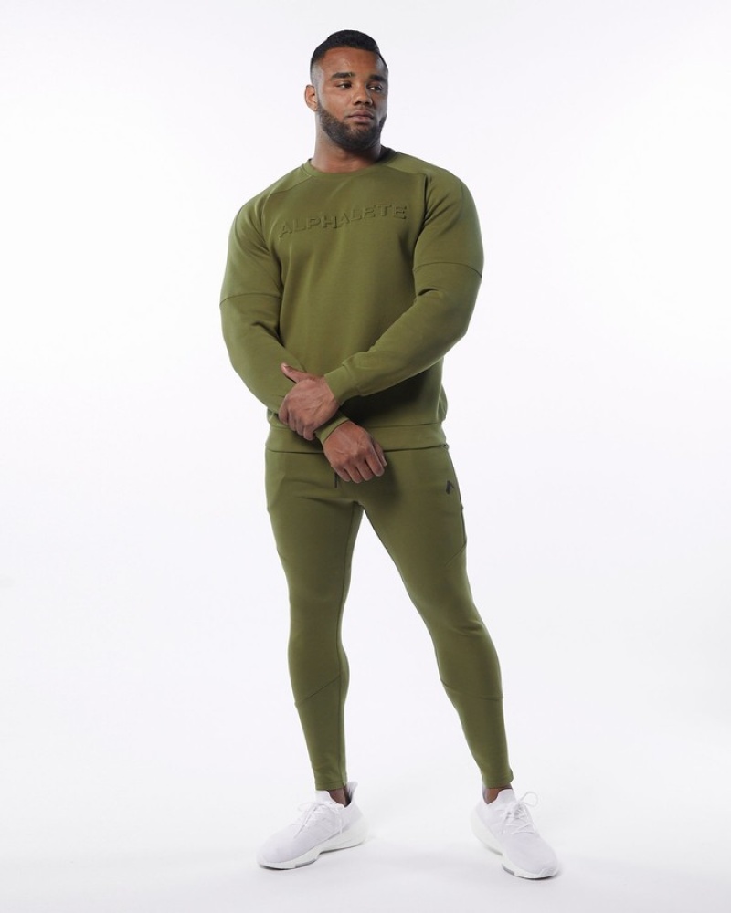 Hanorace Barbati Alphalete ELMTS Crewneck Masline Verzi | 153279-ZGT