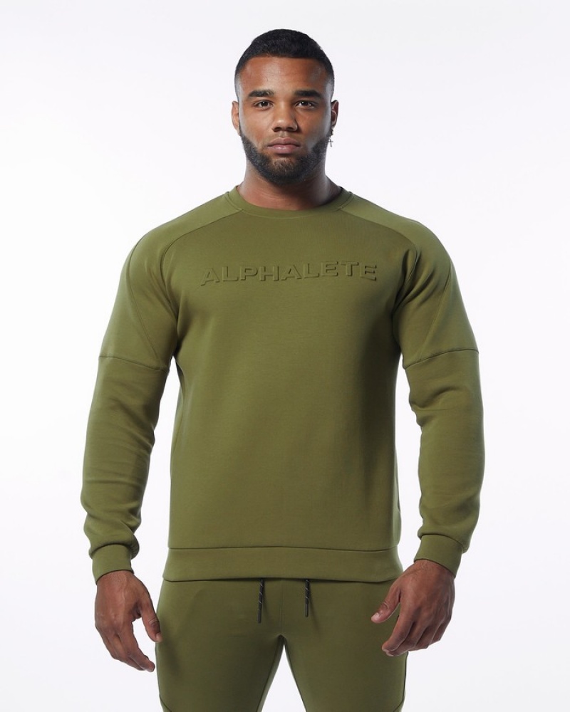 Hanorace Barbati Alphalete ELMTS Crewneck Masline Verzi | 153279-ZGT