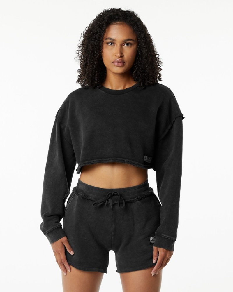 Hanorace Dama Alphalete Very Terry Crop Pullover Negrii | 765190-DRV