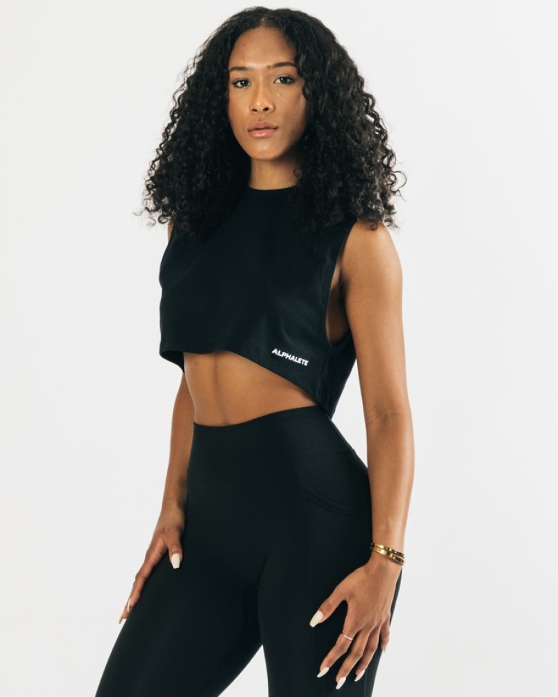 Maiouri Dama Alphalete Heavy Bumbac Cropped Cutoff Negrii | 023941-FXT
