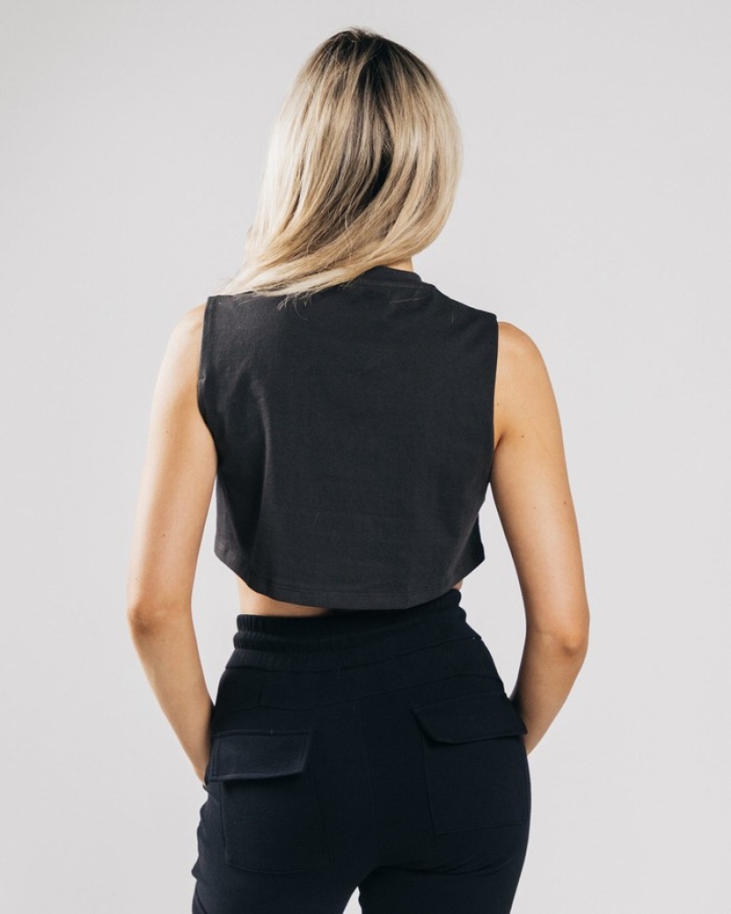 Maiouri Dama Alphalete Heavy Bumbac Cropped Cutoff Negrii | 490657-RLK
