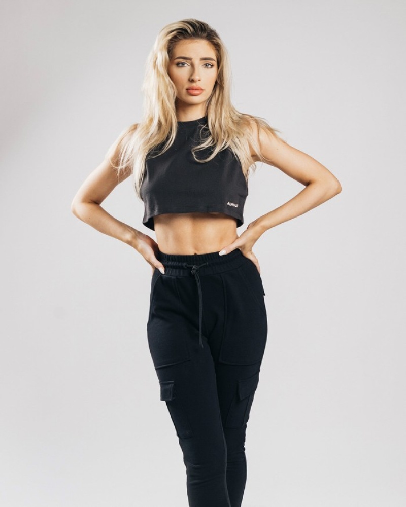 Maiouri Dama Alphalete Heavy Bumbac Cropped Cutoff Negrii | 490657-RLK
