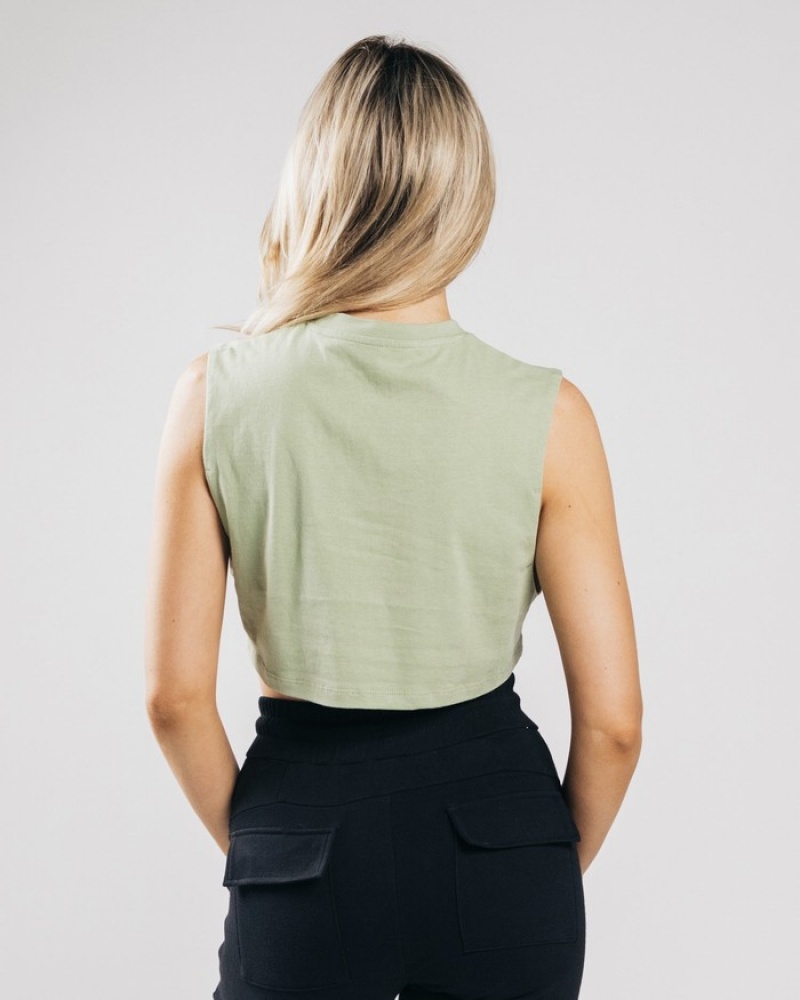 Maiouri Dama Alphalete Heavy Bumbac Cropped Cutoff Masline Verzi | 597368-LCT