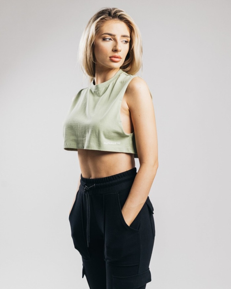 Maiouri Dama Alphalete Heavy Bumbac Cropped Cutoff Masline Verzi | 597368-LCT