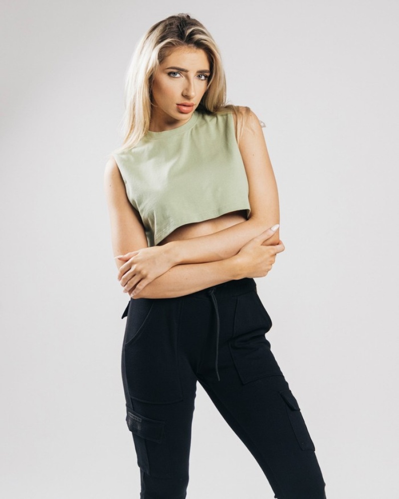 Maiouri Dama Alphalete Heavy Bumbac Cropped Cutoff Masline Verzi | 597368-LCT