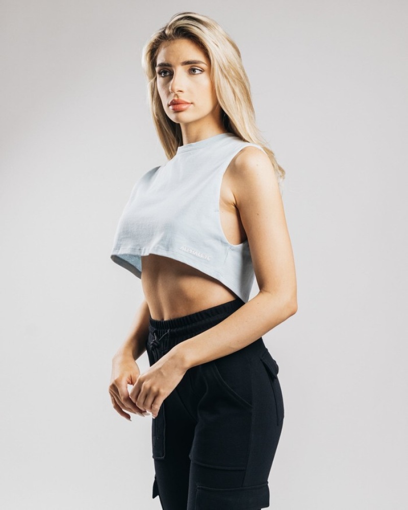 Maiouri Dama Alphalete Heavy Bumbac Cropped Cutoff Albastri | 592018-LZU