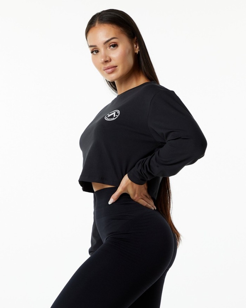 Tricouri Dama Alphalete Dynasty LS Crop Negrii | 103928-BPO