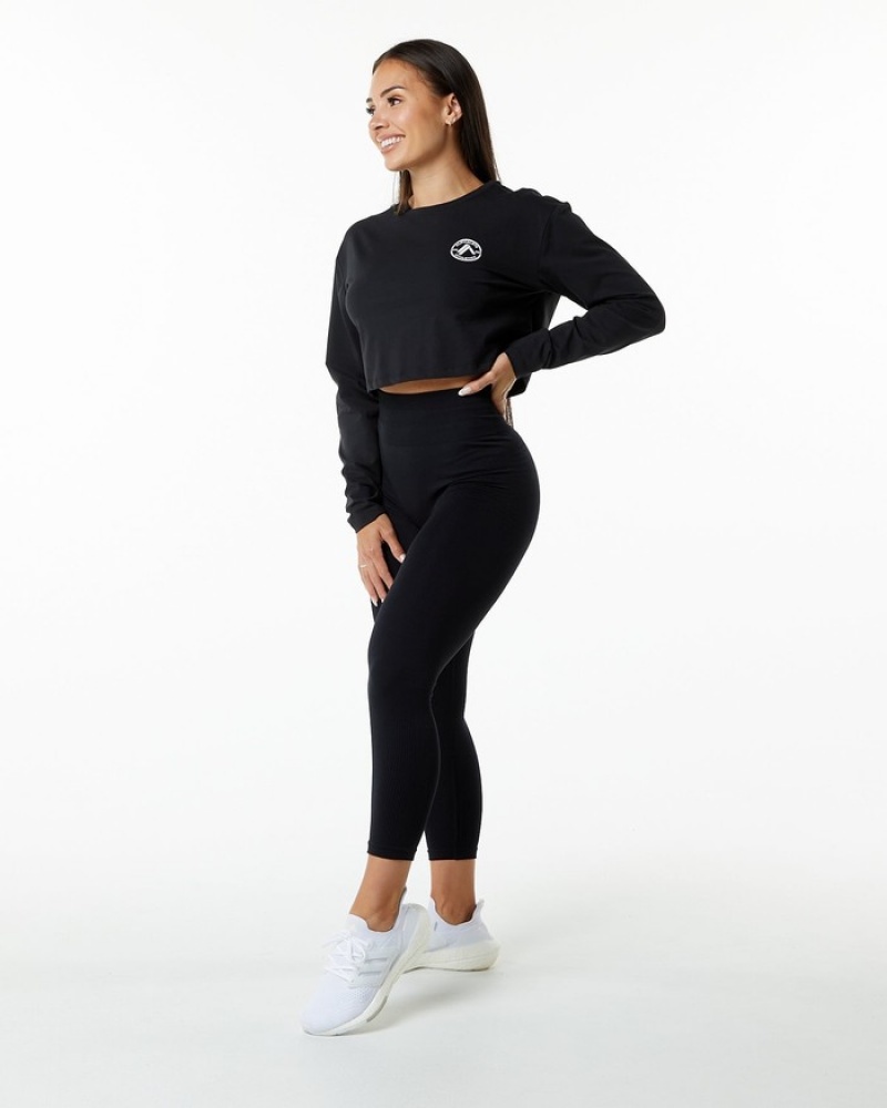 Tricouri Dama Alphalete Dynasty LS Crop Negrii | 103928-BPO