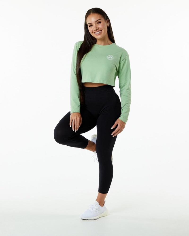 Tricouri Dama Alphalete Dynasty LS Crop Verzi | 824570-VWB