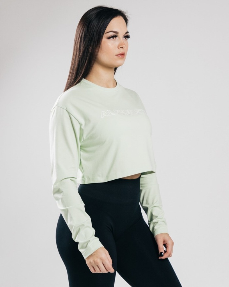 Tricouri Dama Alphalete Outlined Long Sleeve Crop Masline Verzi | 230187-OKG