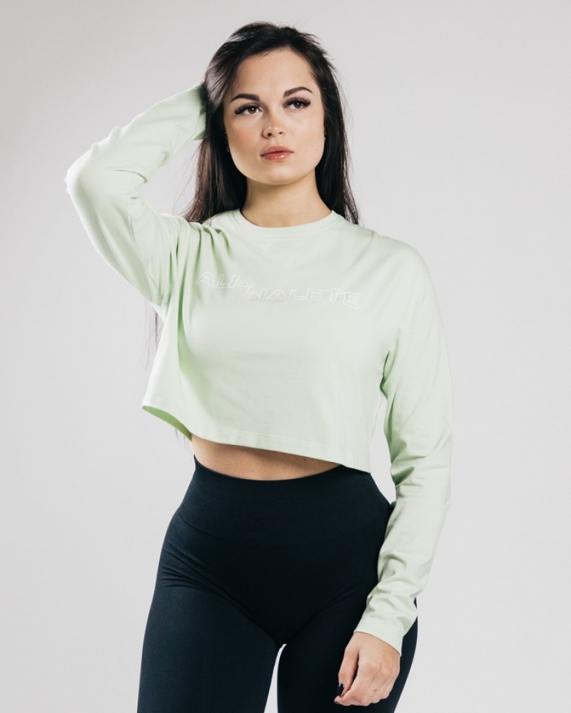 Tricouri Dama Alphalete Outlined Long Sleeve Crop Masline Verzi | 230187-OKG