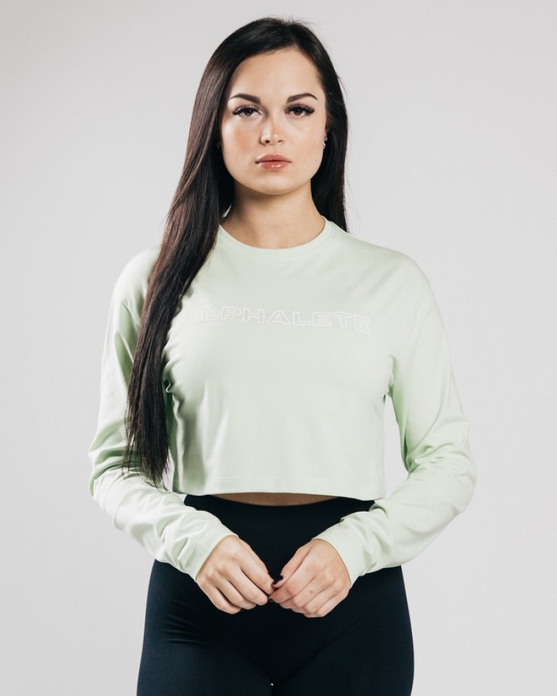 Tricouri Dama Alphalete Outlined Long Sleeve Crop Masline Verzi | 230187-OKG