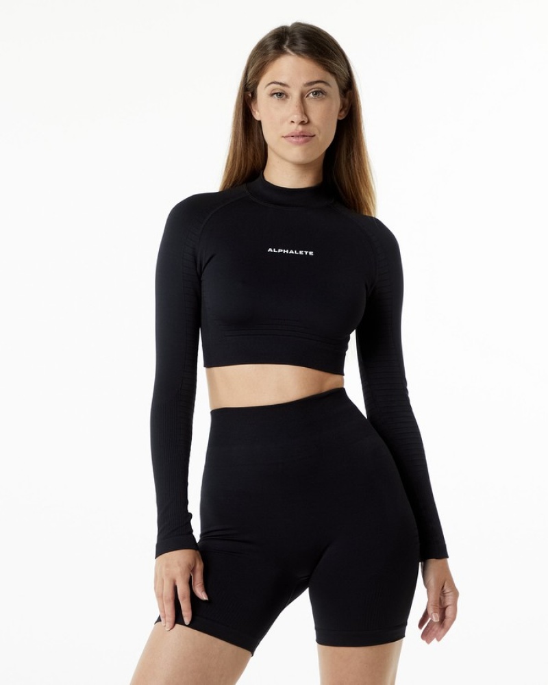 Tricouri Dama Alphalete Ozone High Neck LS Crop Negrii | 074395-NRD