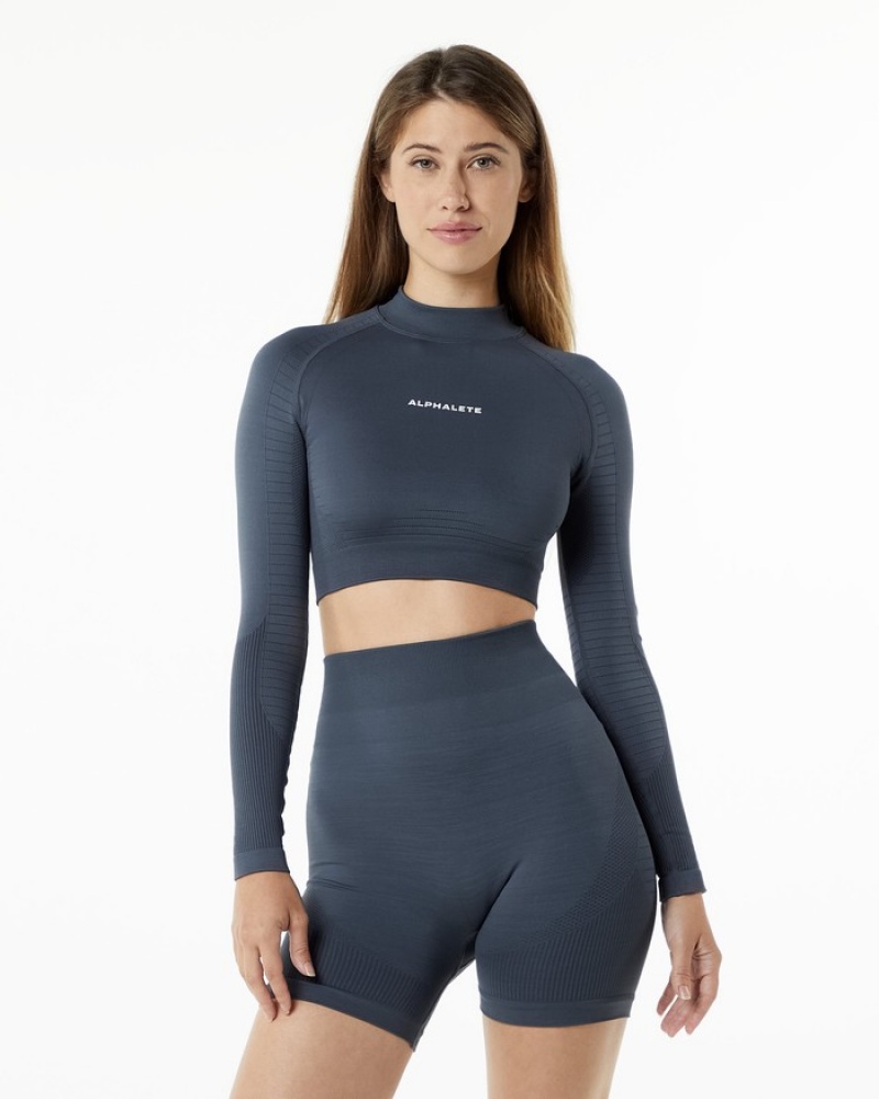 Tricouri Dama Alphalete Ozone High Neck LS Crop Gri Inchis | 796143-YJH