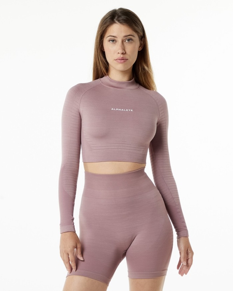 Tricouri Dama Alphalete Ozone High Neck LS Crop Violet | 304986-TUE