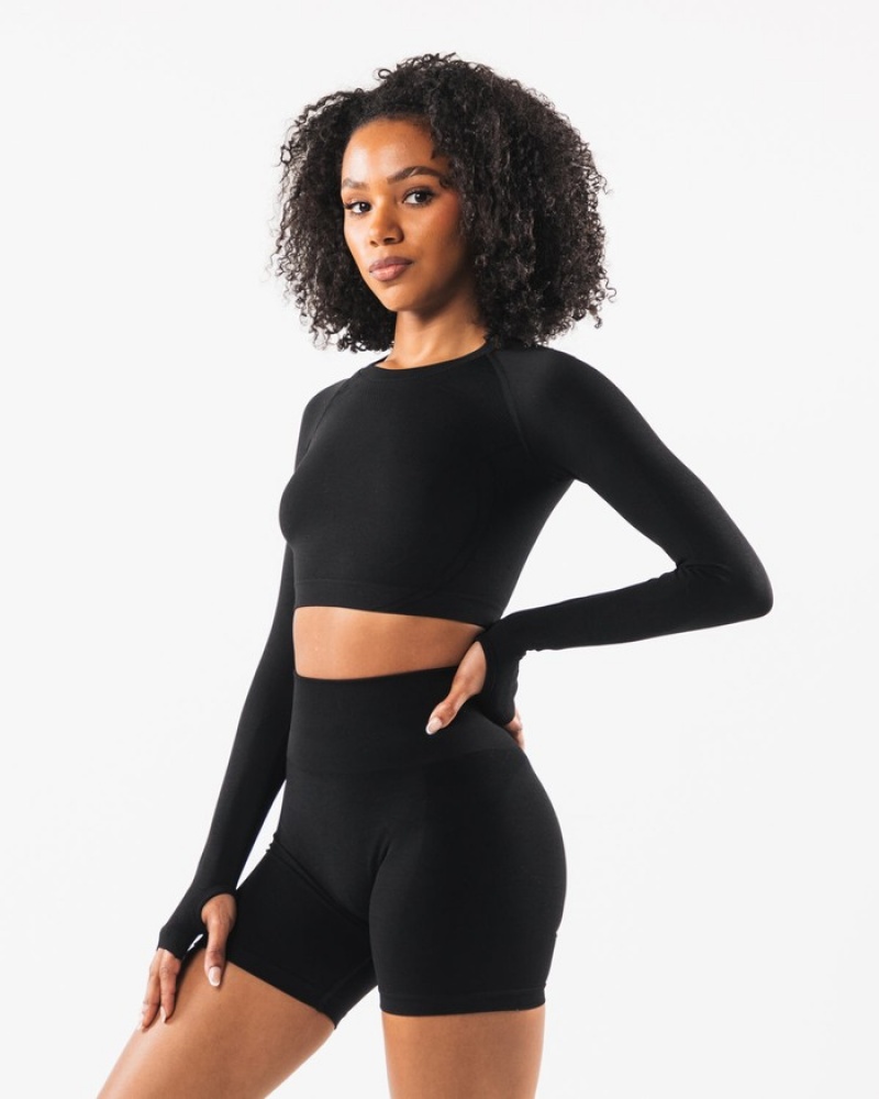 Tricouri Dama Alphalete Stratus LS Crop Negrii | 472098-TYK
