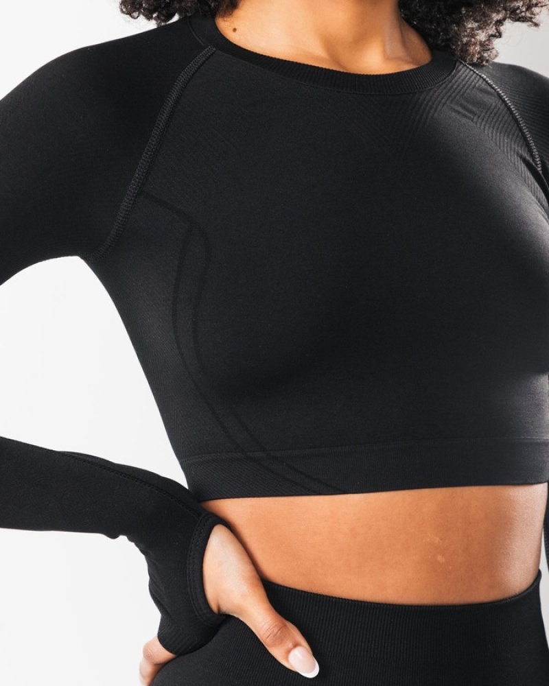 Tricouri Dama Alphalete Stratus LS Crop Negrii | 472098-TYK