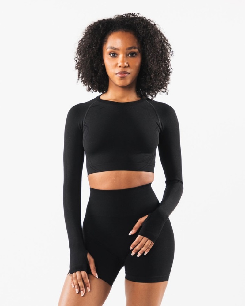 Tricouri Dama Alphalete Stratus LS Crop Negrii | 472098-TYK