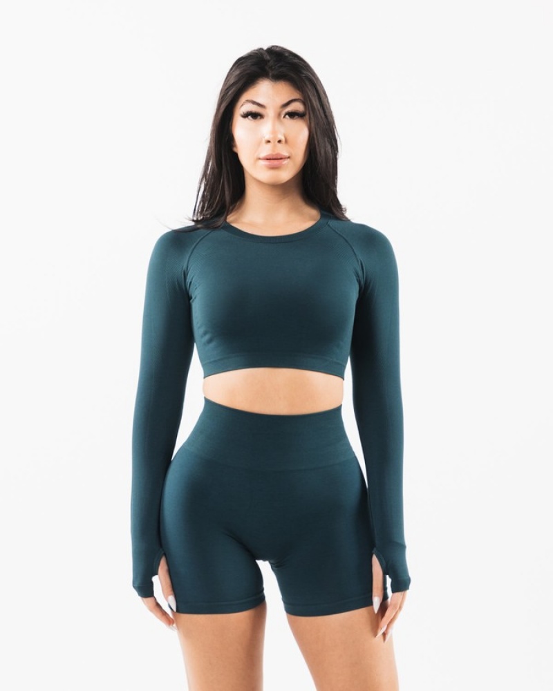 Tricouri Dama Alphalete Stratus LS Crop Albastri | 456902-MDQ