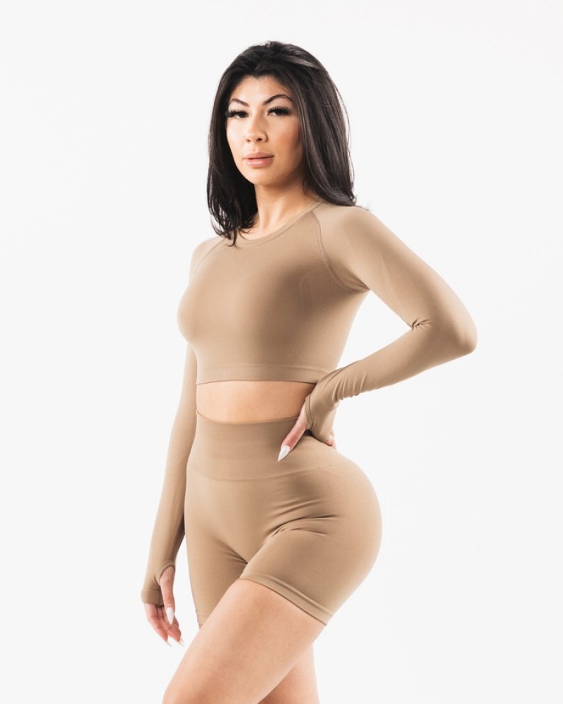 Tricouri Dama Alphalete Stratus LS Crop Gri | 284509-GKY