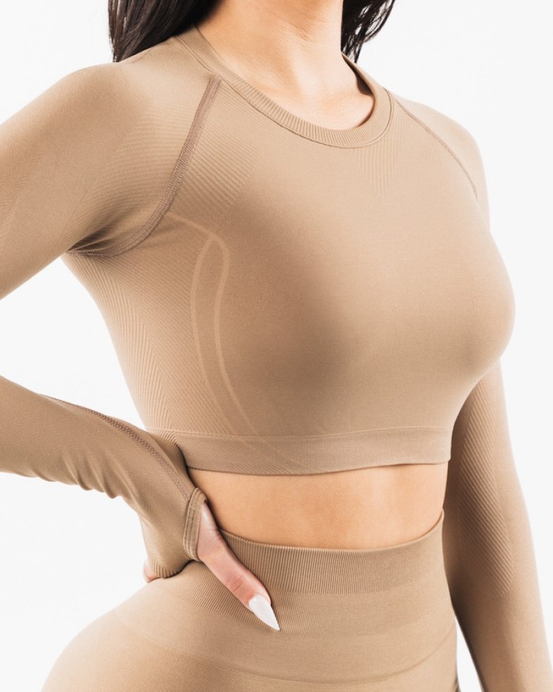 Tricouri Dama Alphalete Stratus LS Crop Gri | 284509-GKY