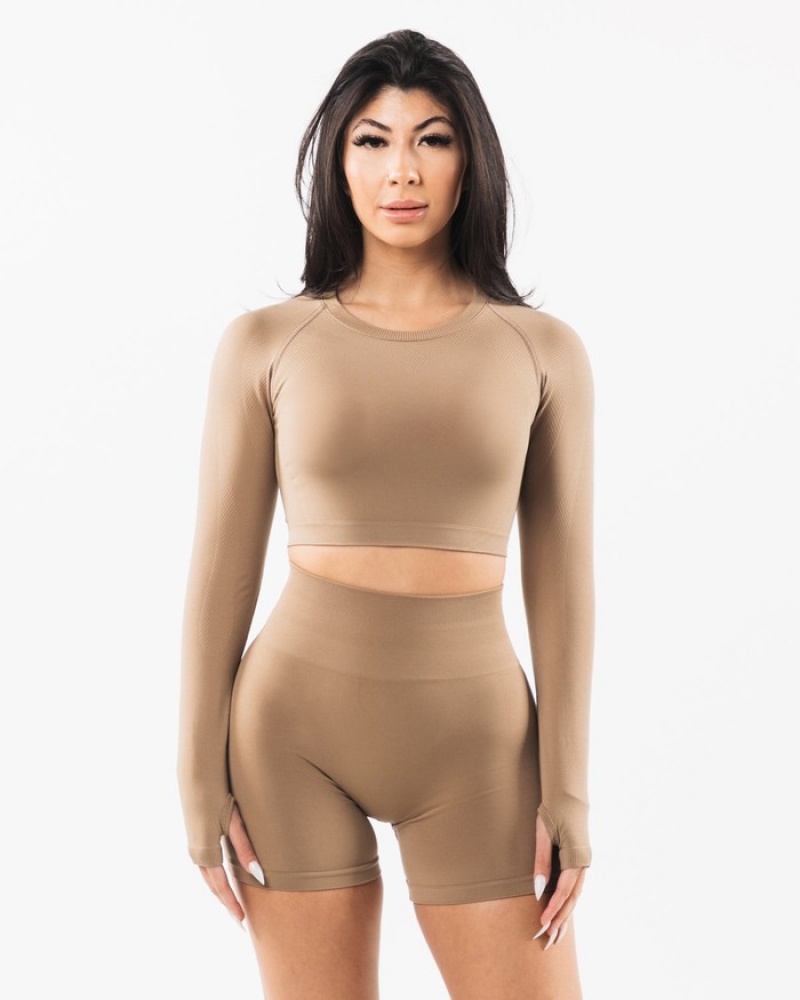 Tricouri Dama Alphalete Stratus LS Crop Gri | 284509-GKY